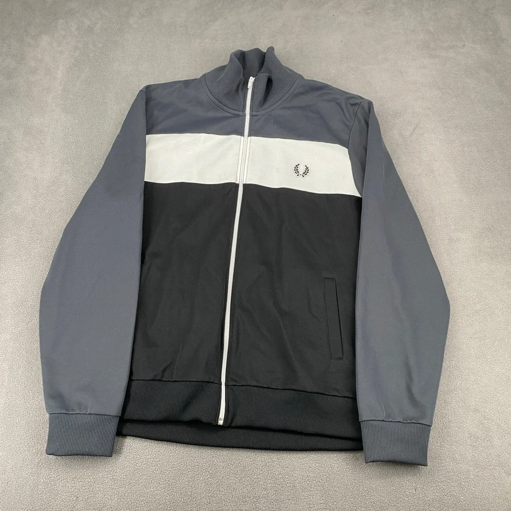 Fred Perry Sportswear Mens Track Jacket XL Grey White Black Colorblock Full Zip